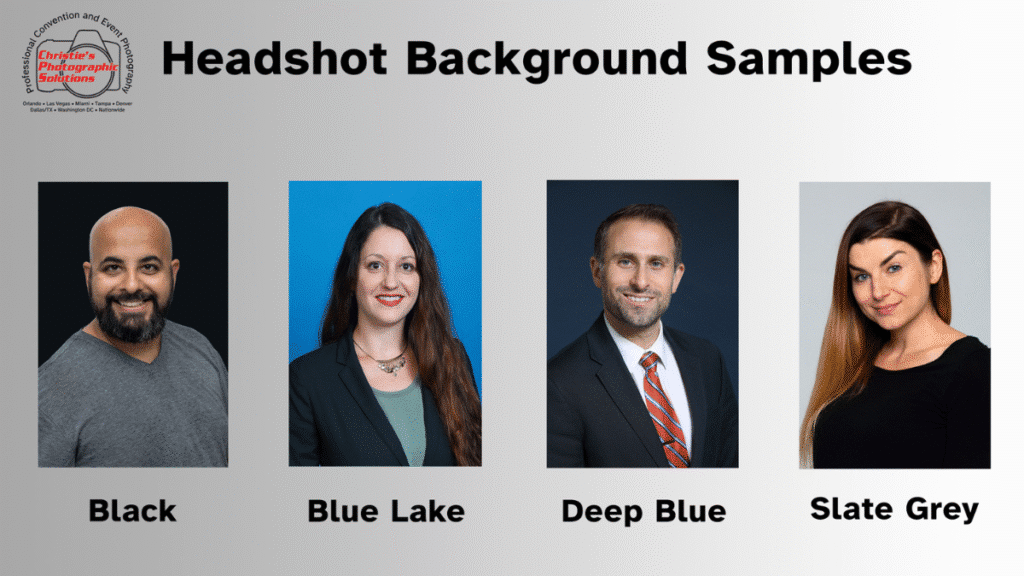 Sample image displaying professional headshot background options including Black, Blue Lake, Deep Blue, and Slate Grey—created by Christie’s Photographic Solutions.