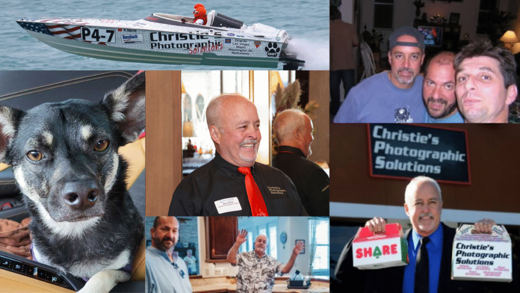 Collage of Bob Christie, founder of Christie’s Photographic Solutions, showcasing candid moments, leadership, and the brand’s early days.