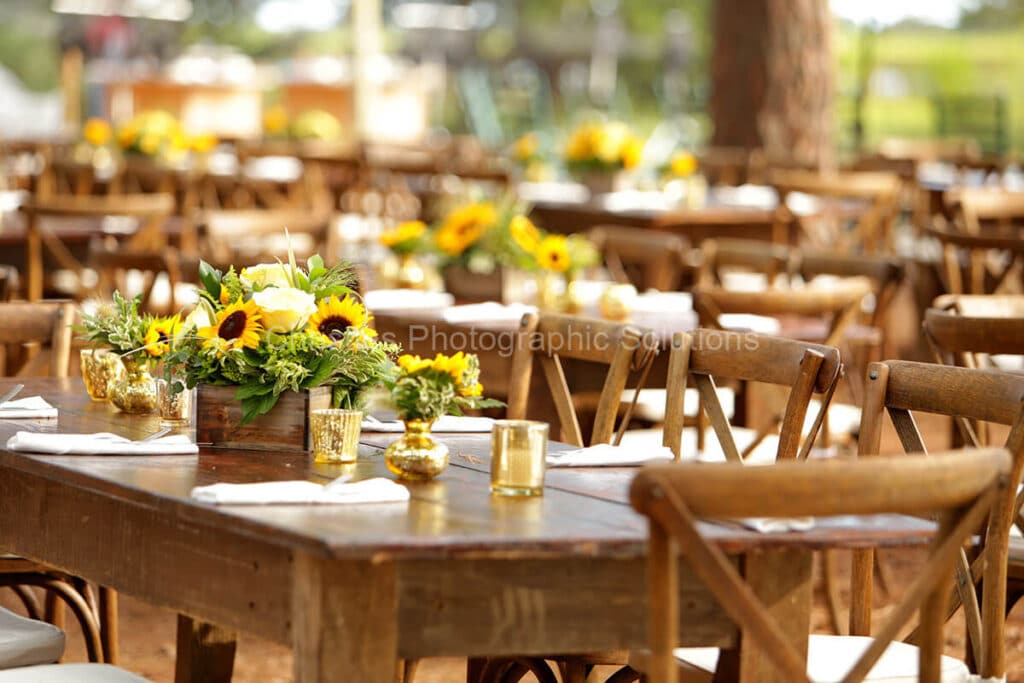 Sunflower-themed centerpieces and rustic tables set for an upscale outdoor event, captured by Christie’s Photographic Solutions.