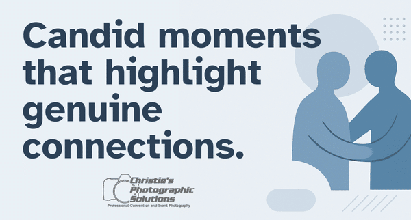 Graphic featuring text about candid event moments with illustrated figures symbolizing genuine connections, captured by Christie’s Photographic Solutions.